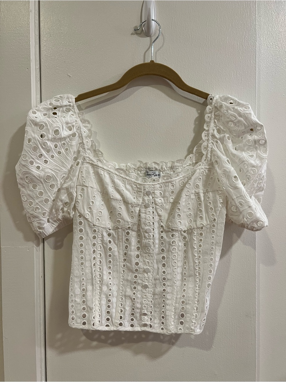 Charo Ruiz White Eyelet Puff-Sleeve Square Neck Blouse